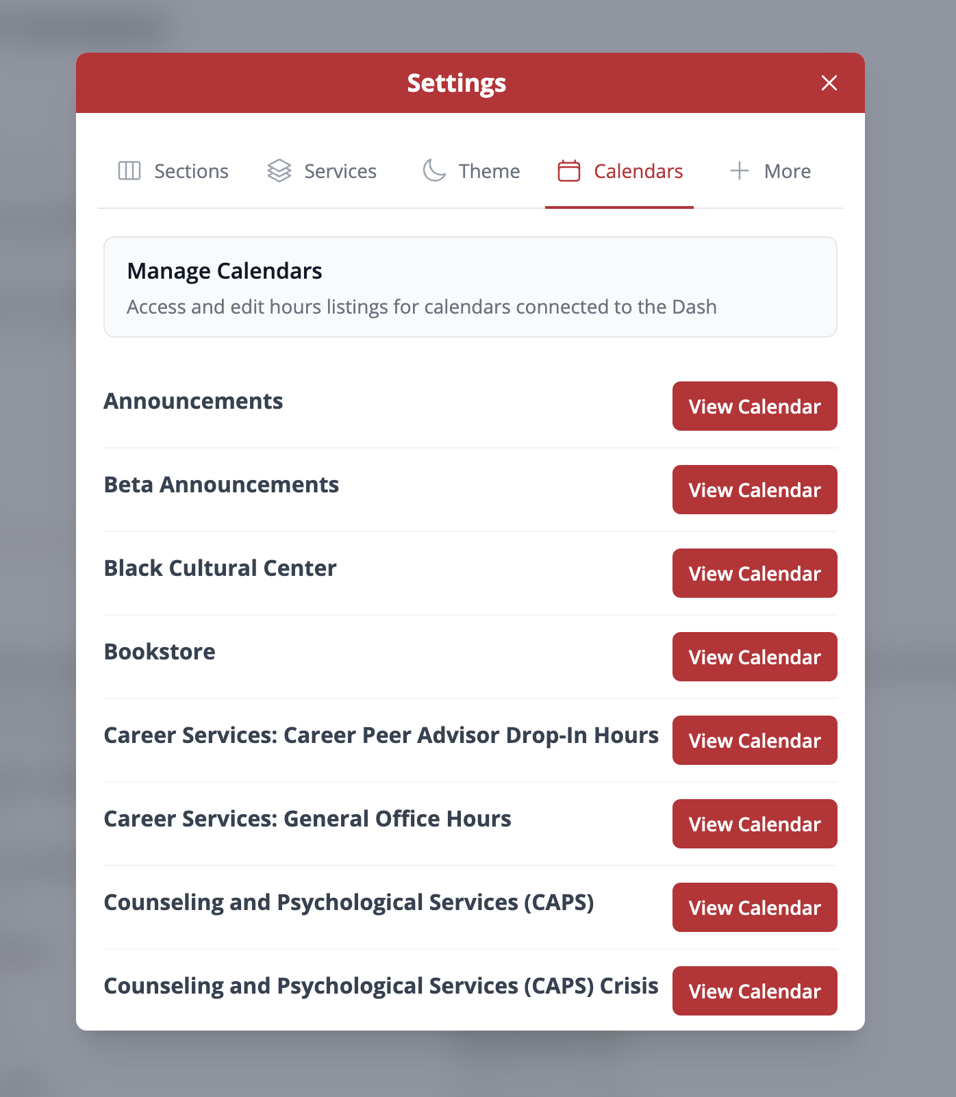 Settings window on the Dash showing the Calendars tab with a list of calendars and red View Calendar buttons for each