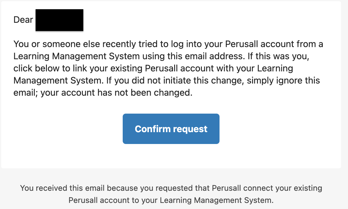 Email message asking to confirm linking Perusall account to a Learning Management System with a blue "Confirm request" button