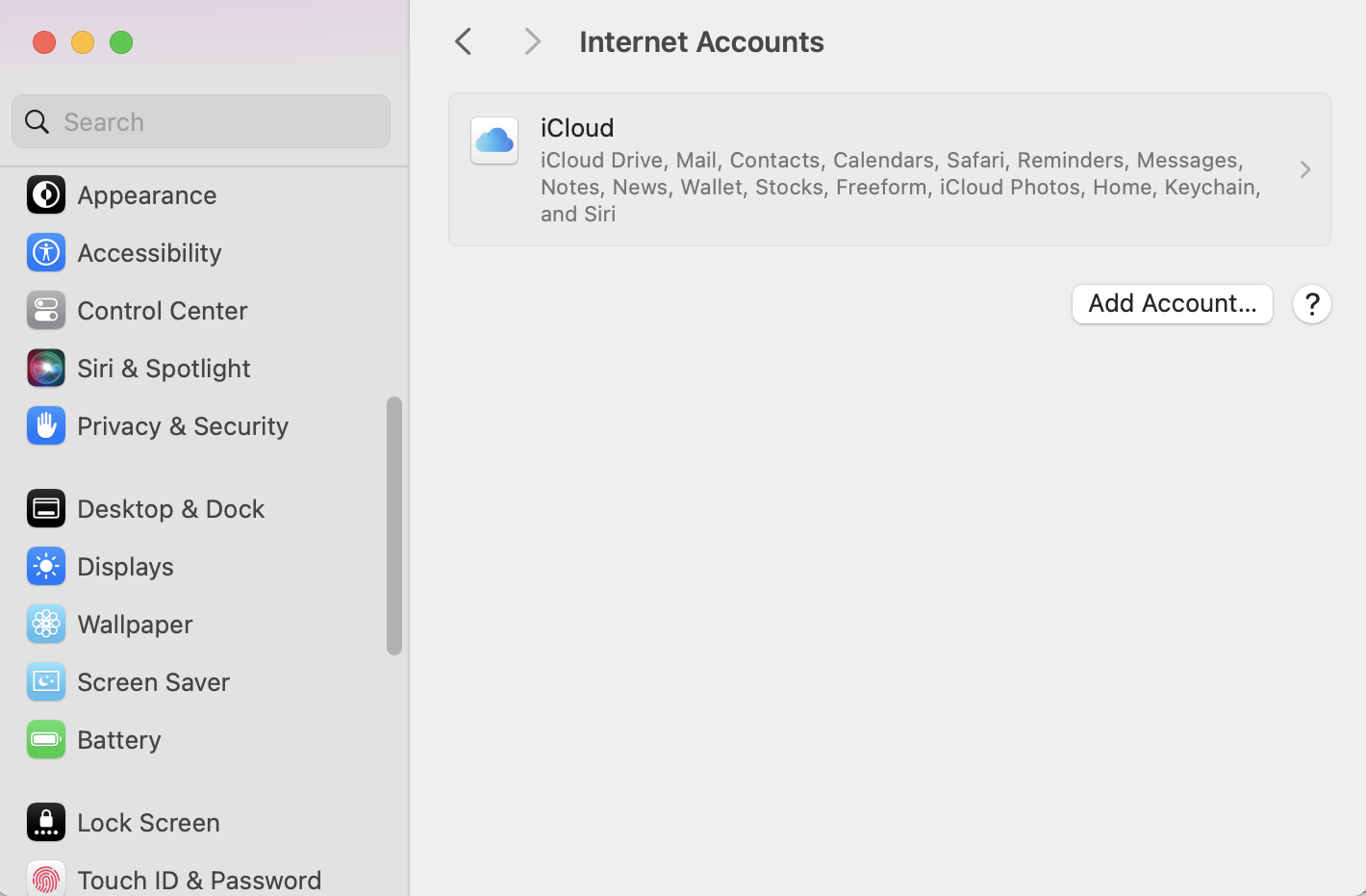 The Internet Accounts tab in System Settings, which lists all active accounts, followed by an Add Account button at the bottom.