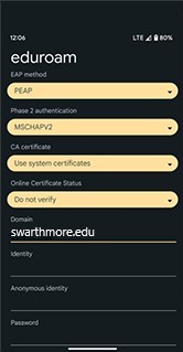 picture of eduroam settings on android phone