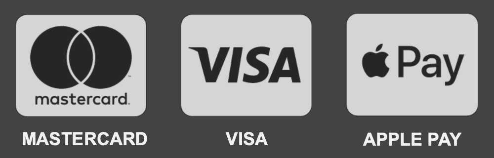 Grayscale Mastercard, Visa, and Apple Pay logos with their names below each symbol