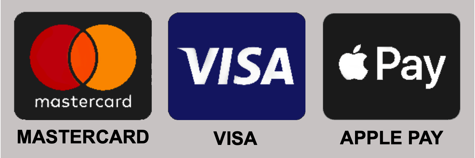 icons of Mastercard, Visa and Apple Pay in color with the names of each below the icons