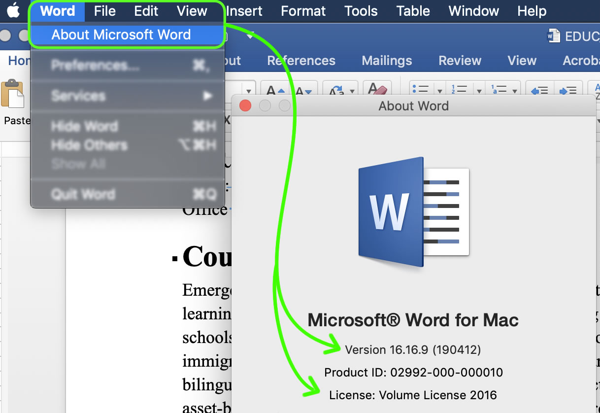 About Microsoft Word selected from the menu. The dialog box is popped out, and the version and license on that screen are indicated.