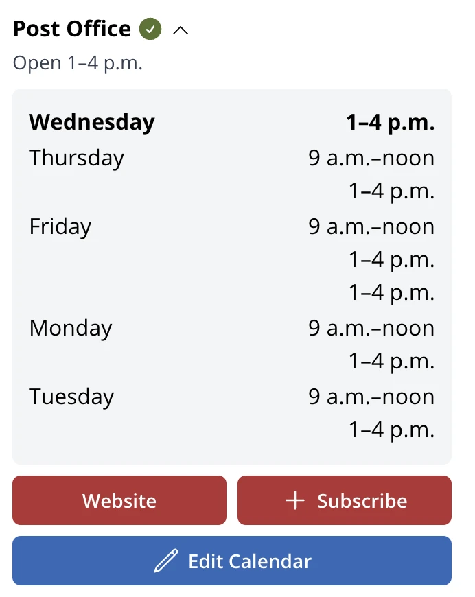 Post Office hours listed for Wednesday through Tuesday with multiple time slots, and buttons for Website, Subscribe, and Edit Calendar