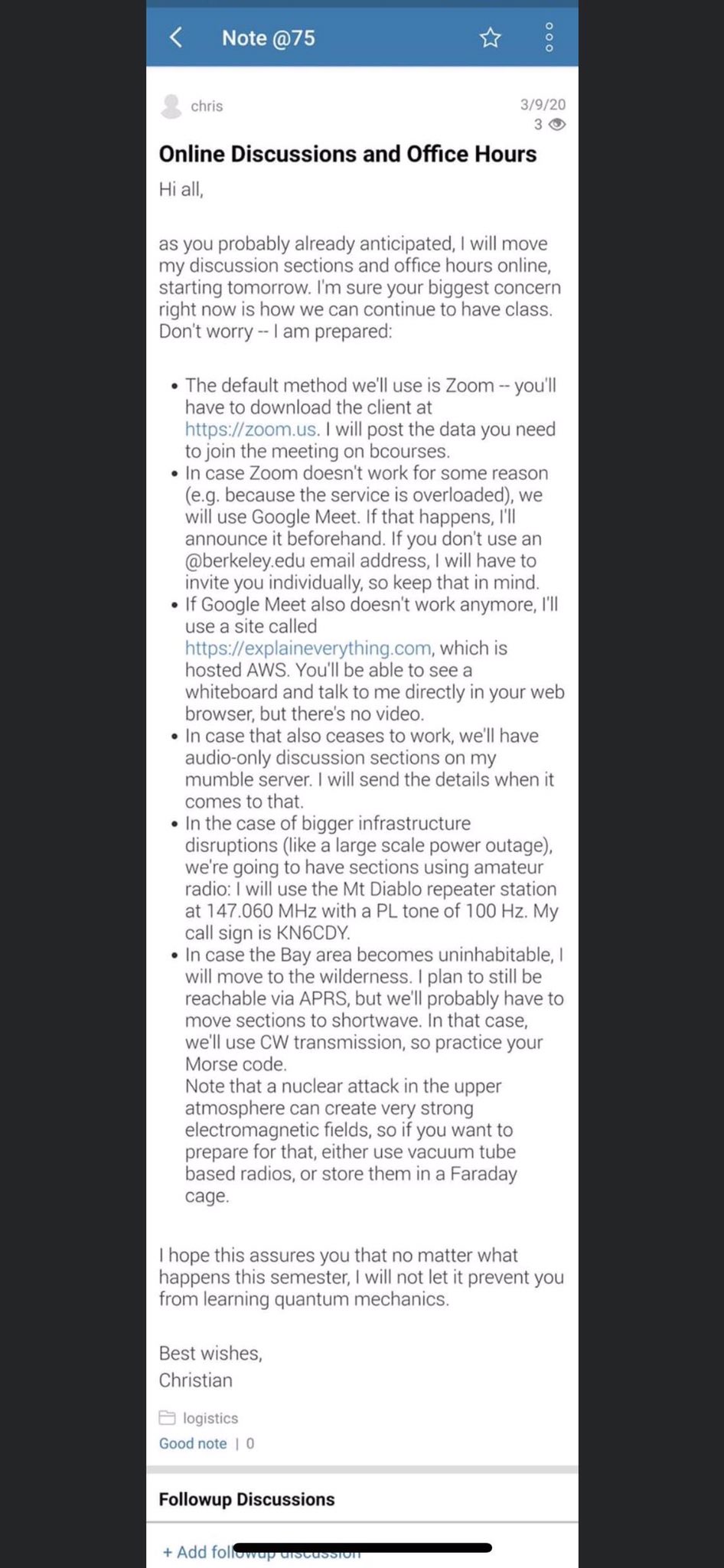Note titled 'Online Discussions and Office Hours' outlining contingency plans for moving discussion sections and office hours online using Zoom, Google Meet, a whiteboard site, audio-only sessions, amateur radio, and shortwave communication.