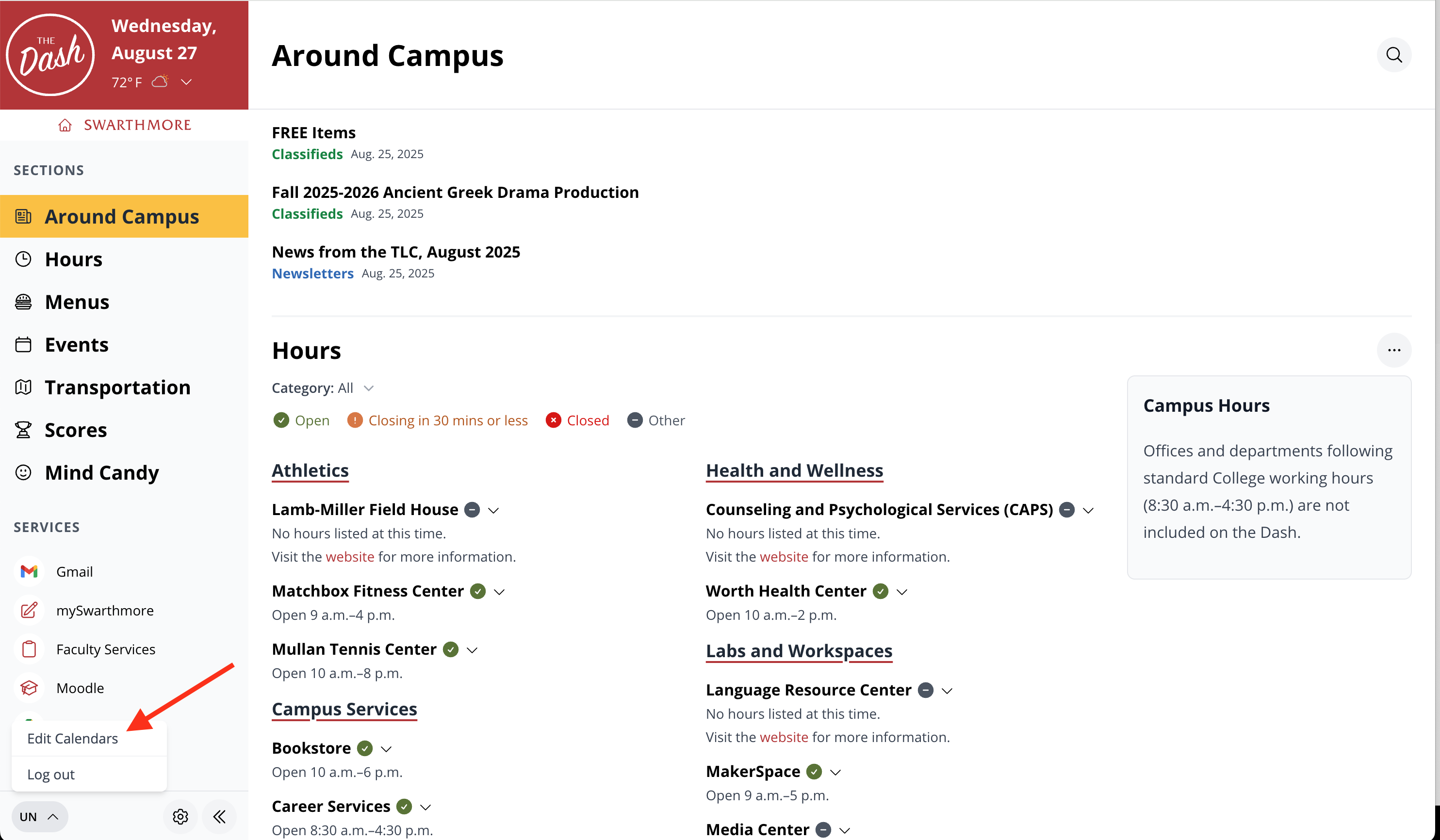 Screenshot indicating the location of the Edit Calendars button on the user action dropdown