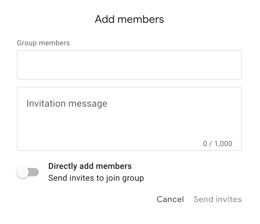 Google's 'Add Members' window, featuring a field to type in email addresses, and a field to write an invitation message.