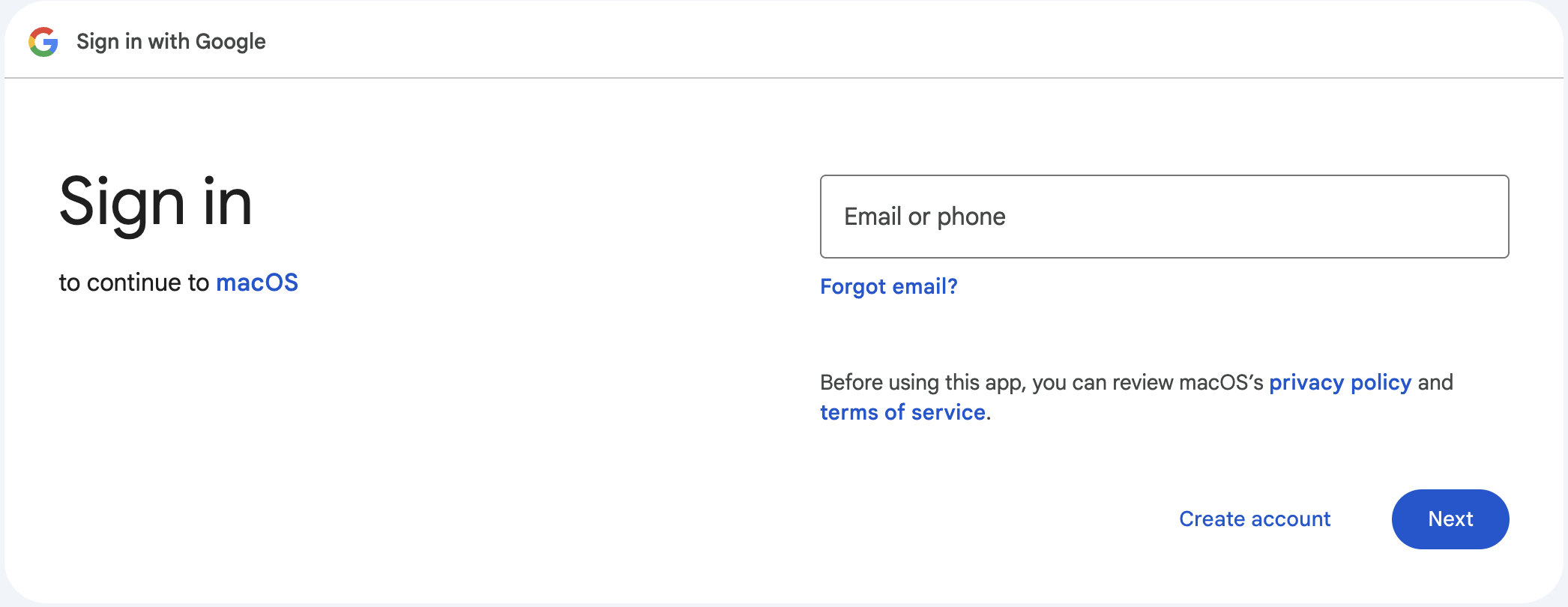 A Sign in With Google window, featuring a blank text field for Email or Phone, followed by options for Create Account or Next.