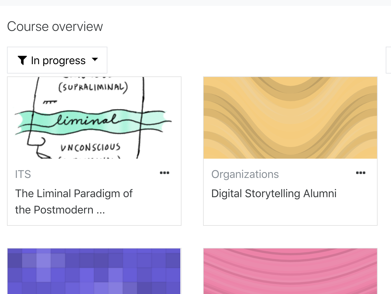 Course overview page showing a filter set to In progress and course cards with titles and images