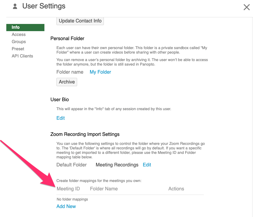Panopto user settings showing Zoom Recording Import Settings with options to set default folder and create folder mappings by meeting ID