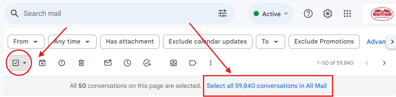 A screenshot of Gmail's 'All Mail' folder, with arrows pointing at the 'select all' check box in the upper lefthand corner, and the 'Select all X conversations in All Mail' option to the right.