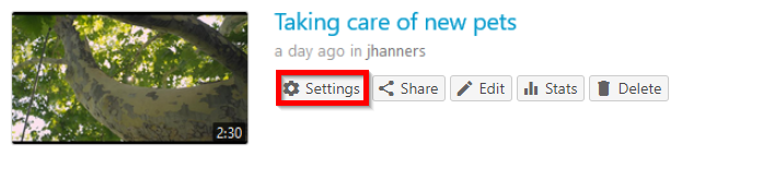 Panopto video titled 'Taking care of new pets' with the Settings button highlighted