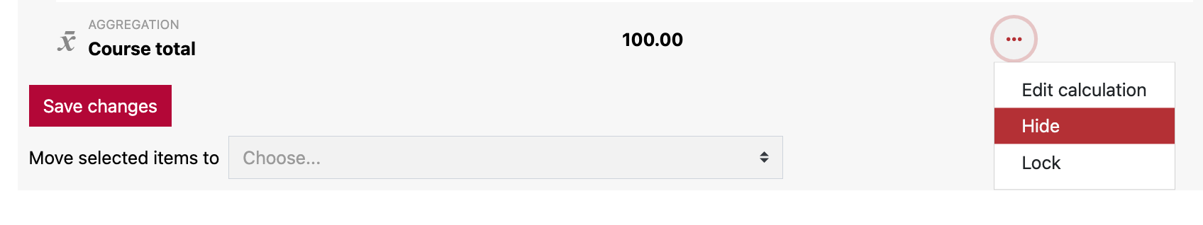 Moodle gradebook showing course total settings